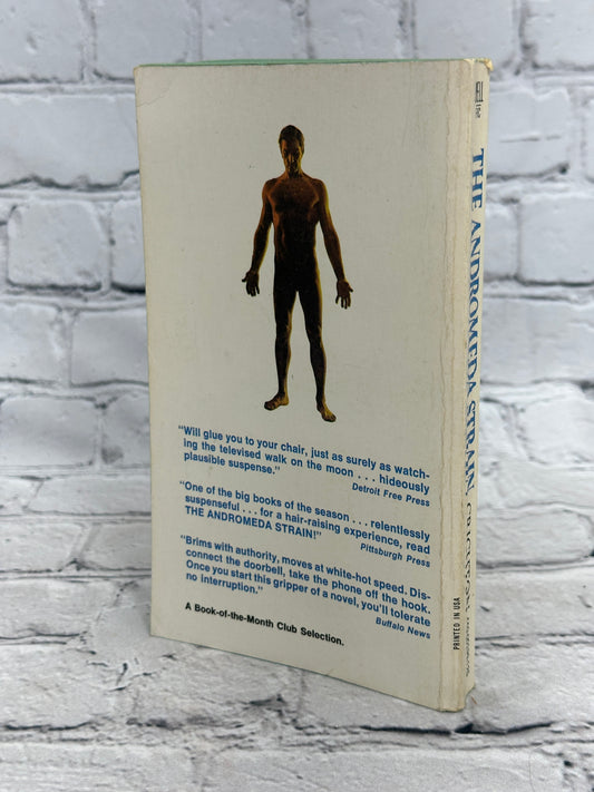 The Andromeda Strain by Michael Crichton, 1971 Dell paperback - back cover and spine