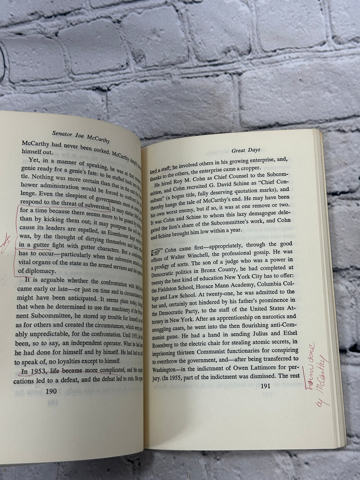 Senator Joe McCarthy by Richard H. Rovere, 1967 Meridian Books paperback - text pages with margin marks