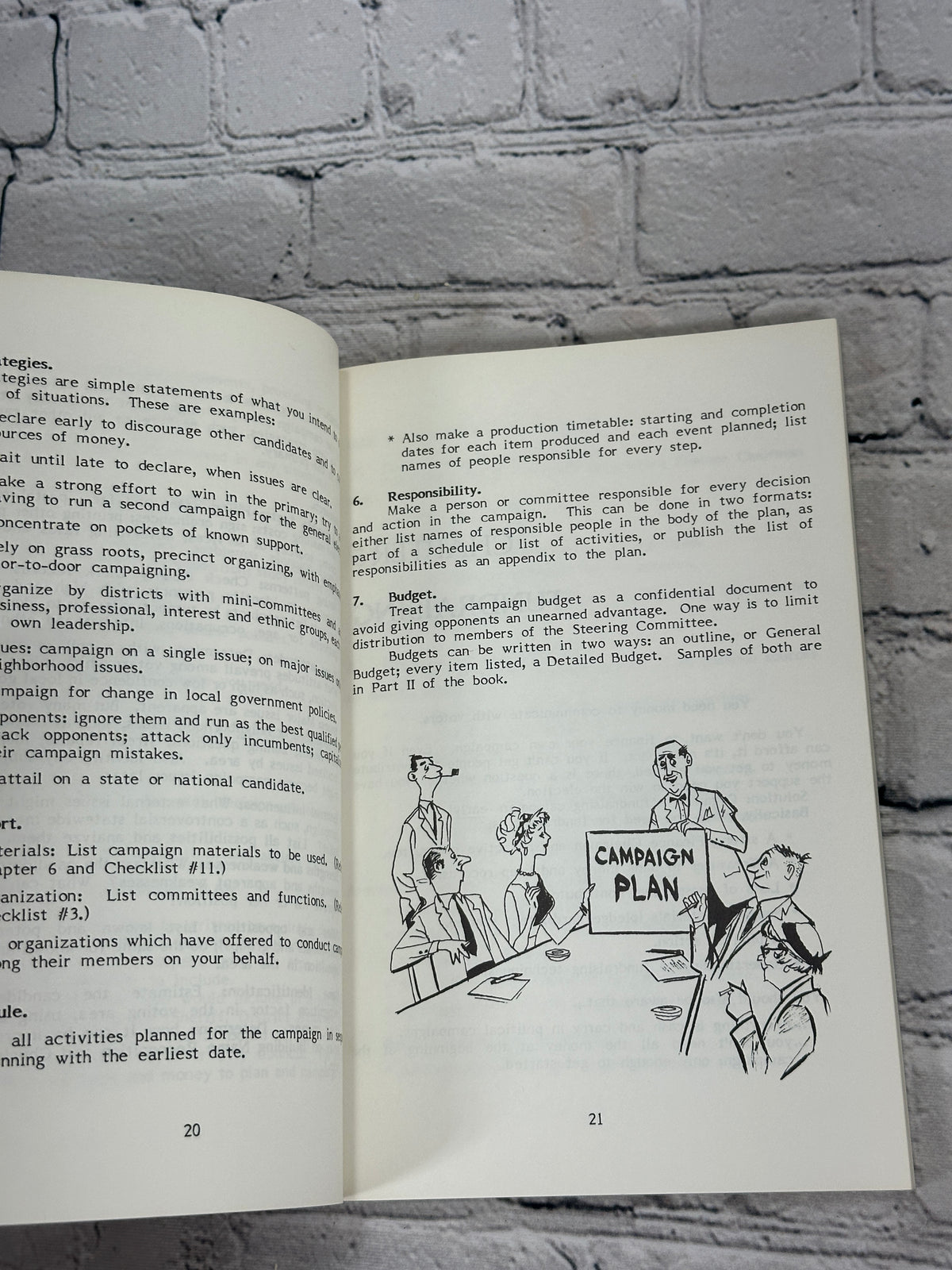 The Candidate's Handbook for Winning Local Elections by Harvey Yorke and Liz Doherty, 1982 Harvey Yorke paperback - sample pages 20-21 with campaign plan illustration