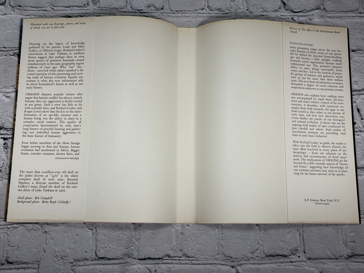 Origins by Richard E. Leakey and Roger Lewin, 1978 E. P. Dutton hardcover - rear flap