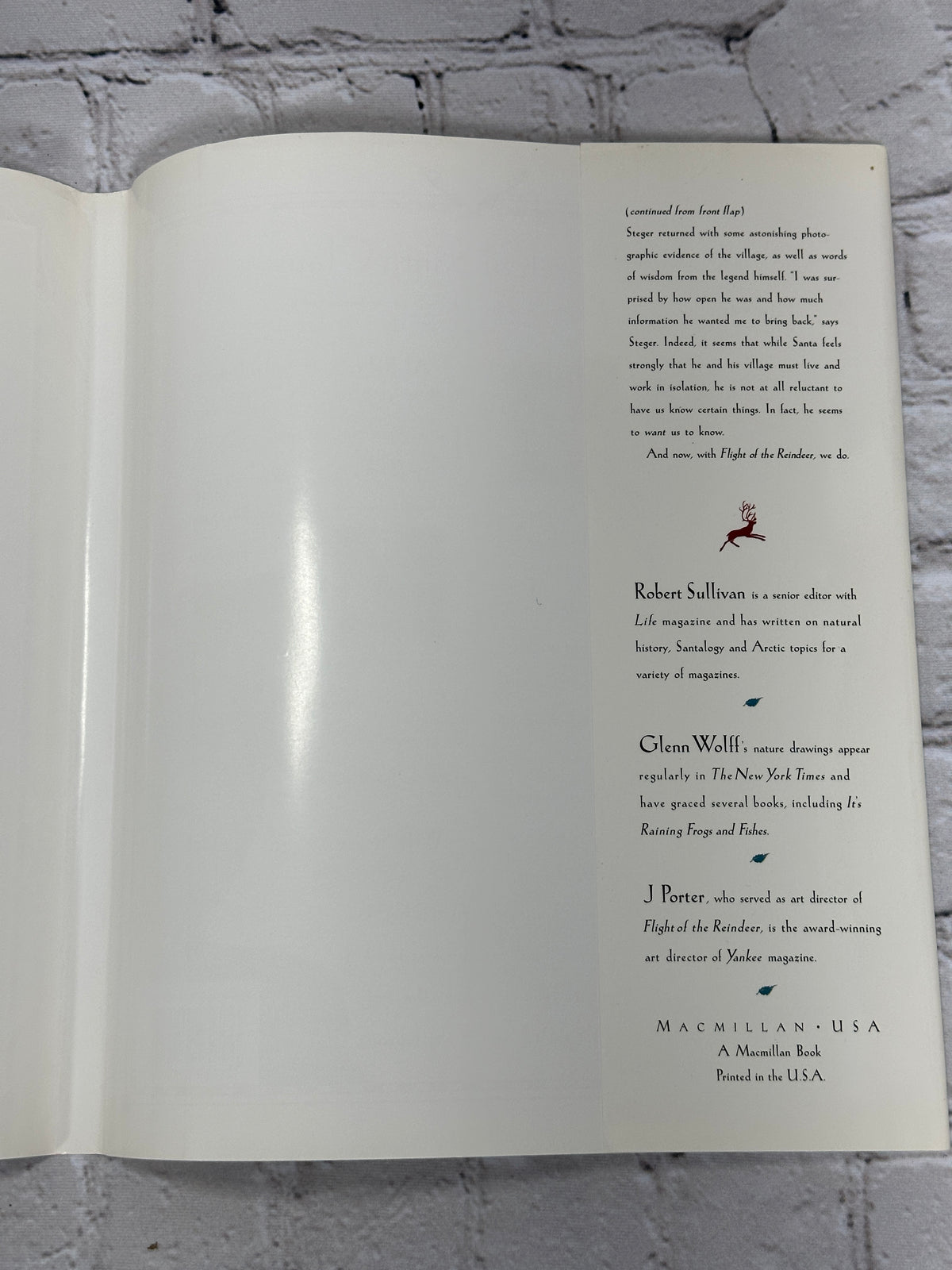 The Flight of the Reindeer by Robert Sullivan, 1996 Macmillan hardcover - dust jacket flap