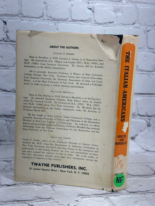 The Italian-Americans by Iorizzo and Mondello, 1971 Twayne hardcover - dust jacket back and spine