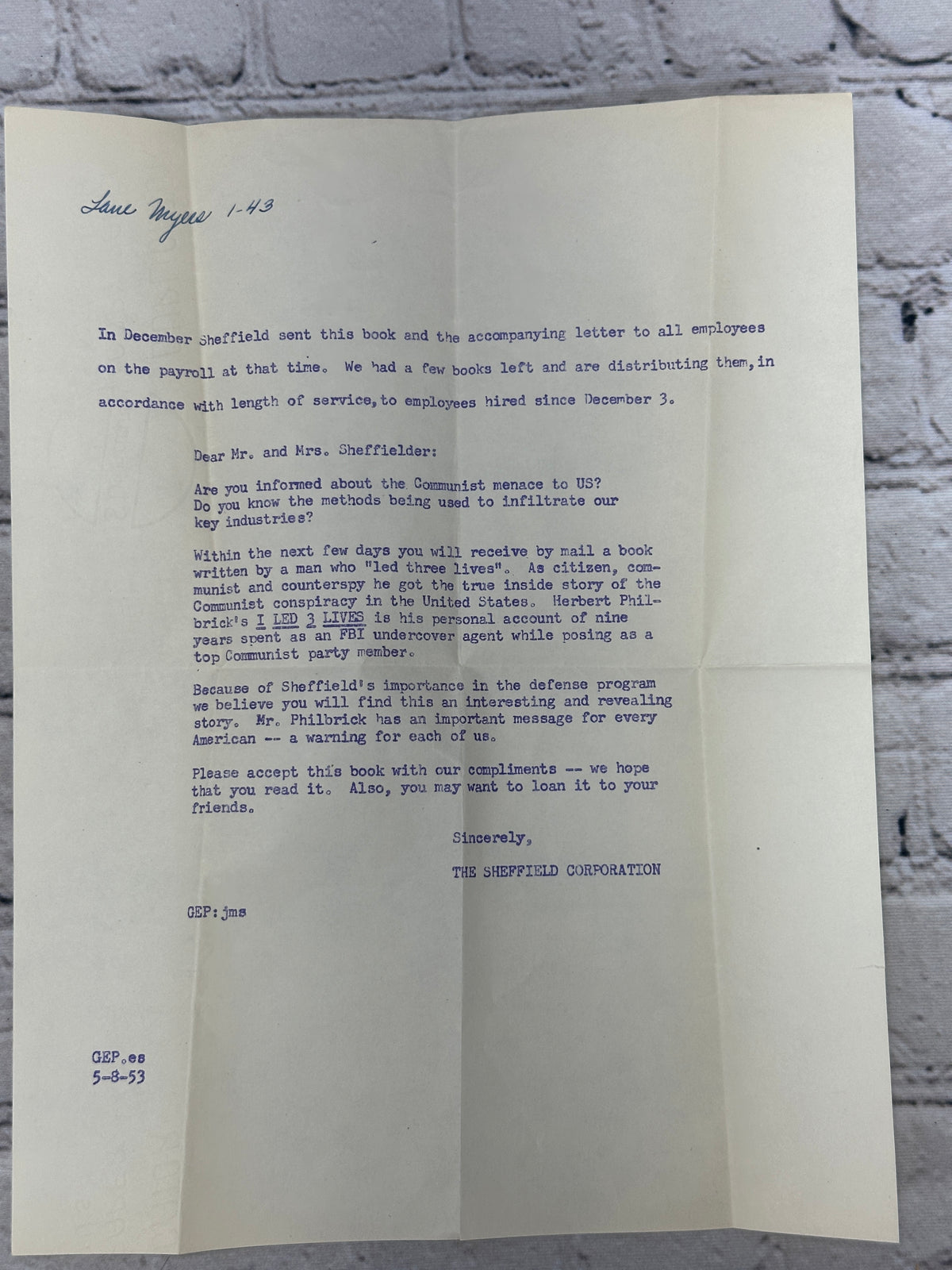 I Led 3 Lives by Herbert A. Philbrick, 1952 McGraw-Hill hardcover - laid-in Sheffield Corporation letter