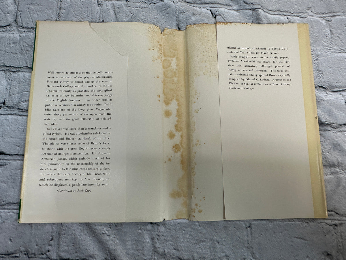 Richard Hovey: Man & Craftsman by Allan Houston Macdonald, 1957 Duke University Press hardcover - inside of dust jacket showing staining