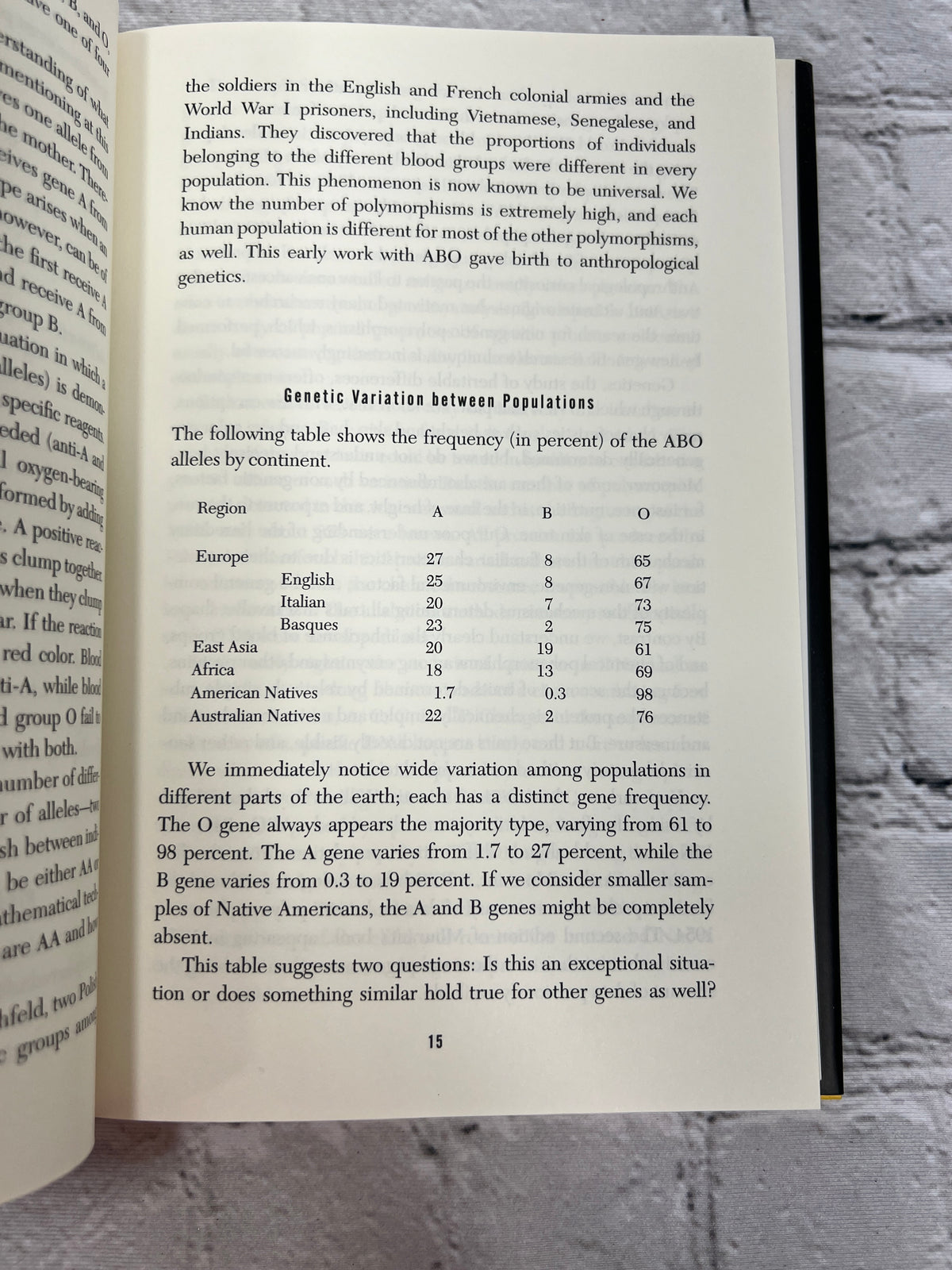 Genes, Peoples, and Languages by Luigi Luca Cavalli-Sforza, 2000 North Point Press hardcover - text page with table