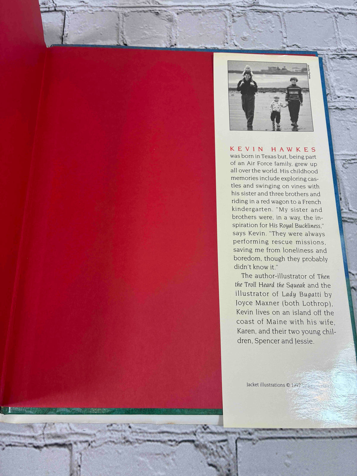 His Royal Buckliness by Kevin Hawkes, 1992 first edition hardcover - rear jacket flap and red endpaper