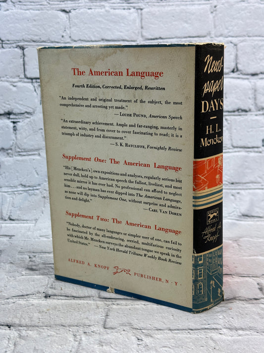 Newspaper Days 1899-1906 by H. L. Mencken, 1955 Knopf hardcover - dust jacket back