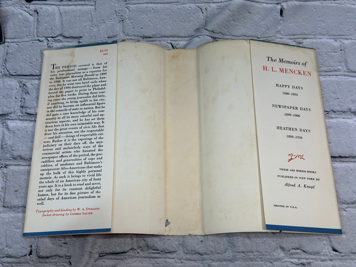 Newspaper Days 1899-1906 by H. L. Mencken, 1955 Knopf hardcover - dust jacket flaps