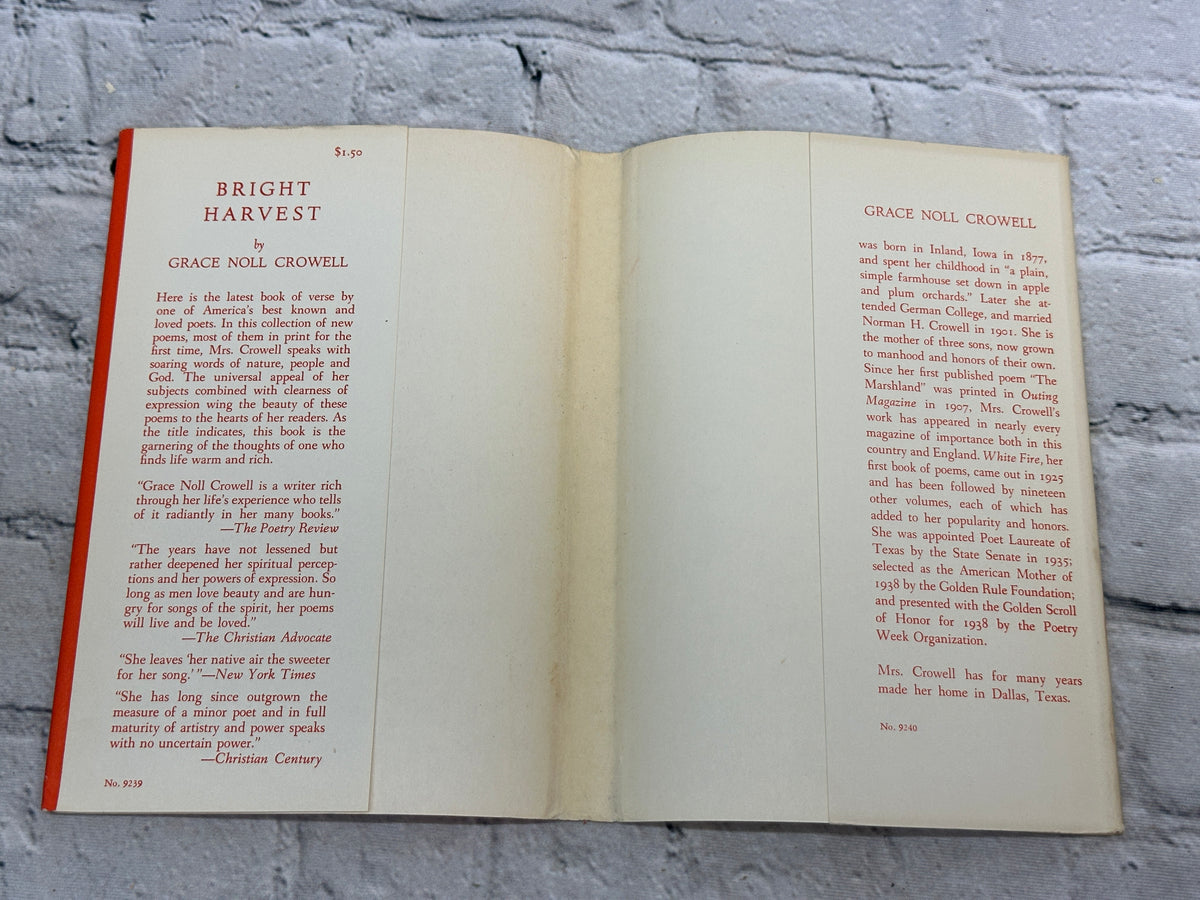 Bright Harvest by Grace Noll Crowell, 1952 Harper & Brothers hardcover - dust jacket flaps