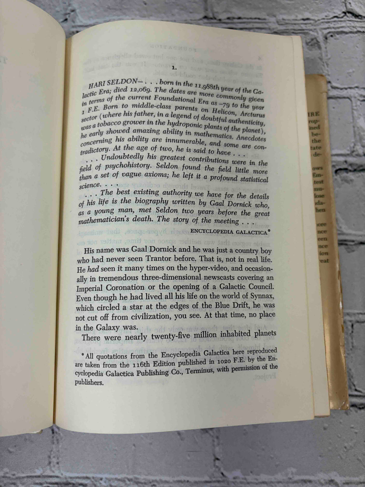 The Foundation Trilogy by Isaac Asimov, Doubleday book club hardcover - first page of text