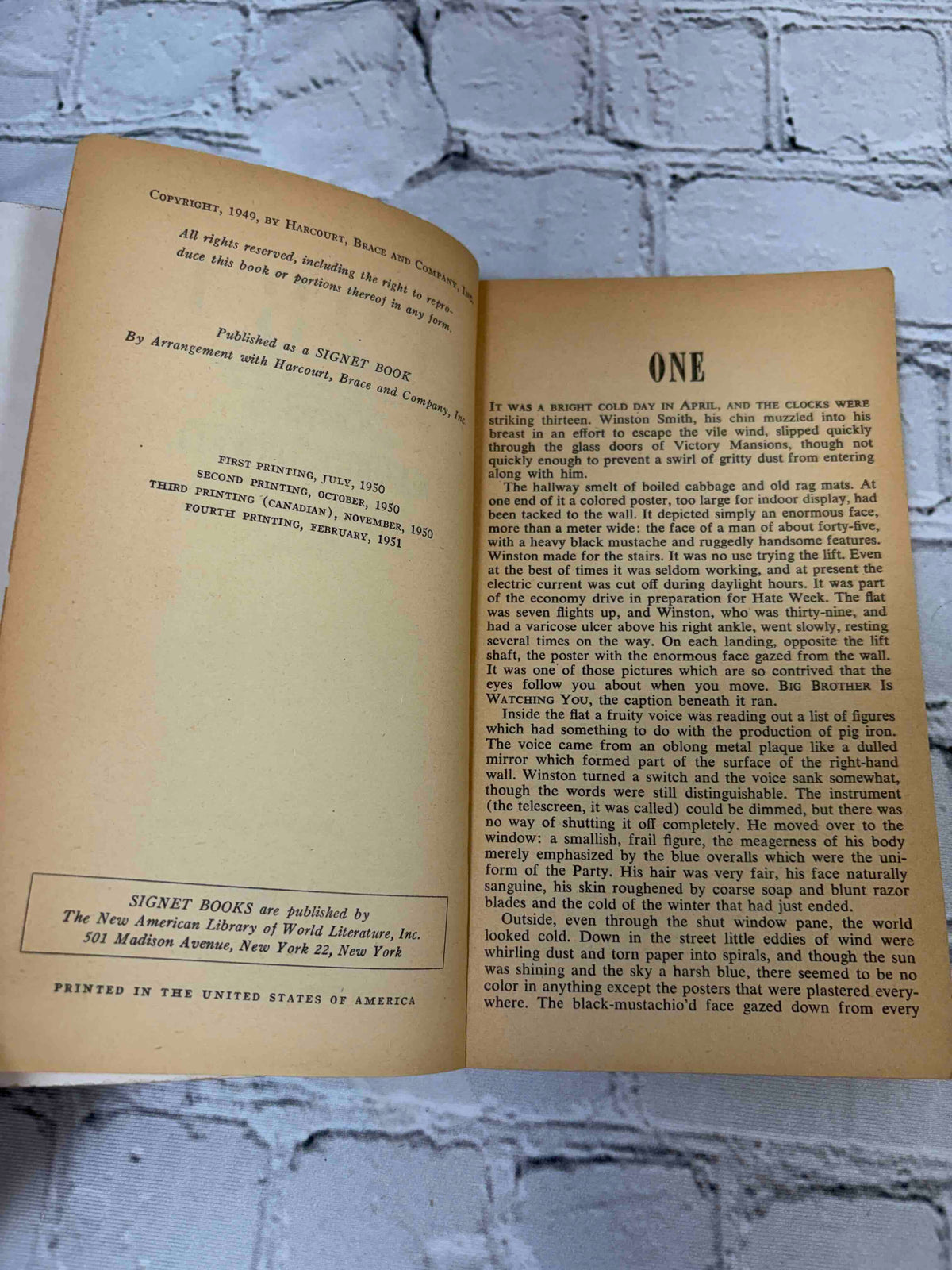 1984 by George Orwell, 1951 Signet 798 paperback - copyright page with printing history