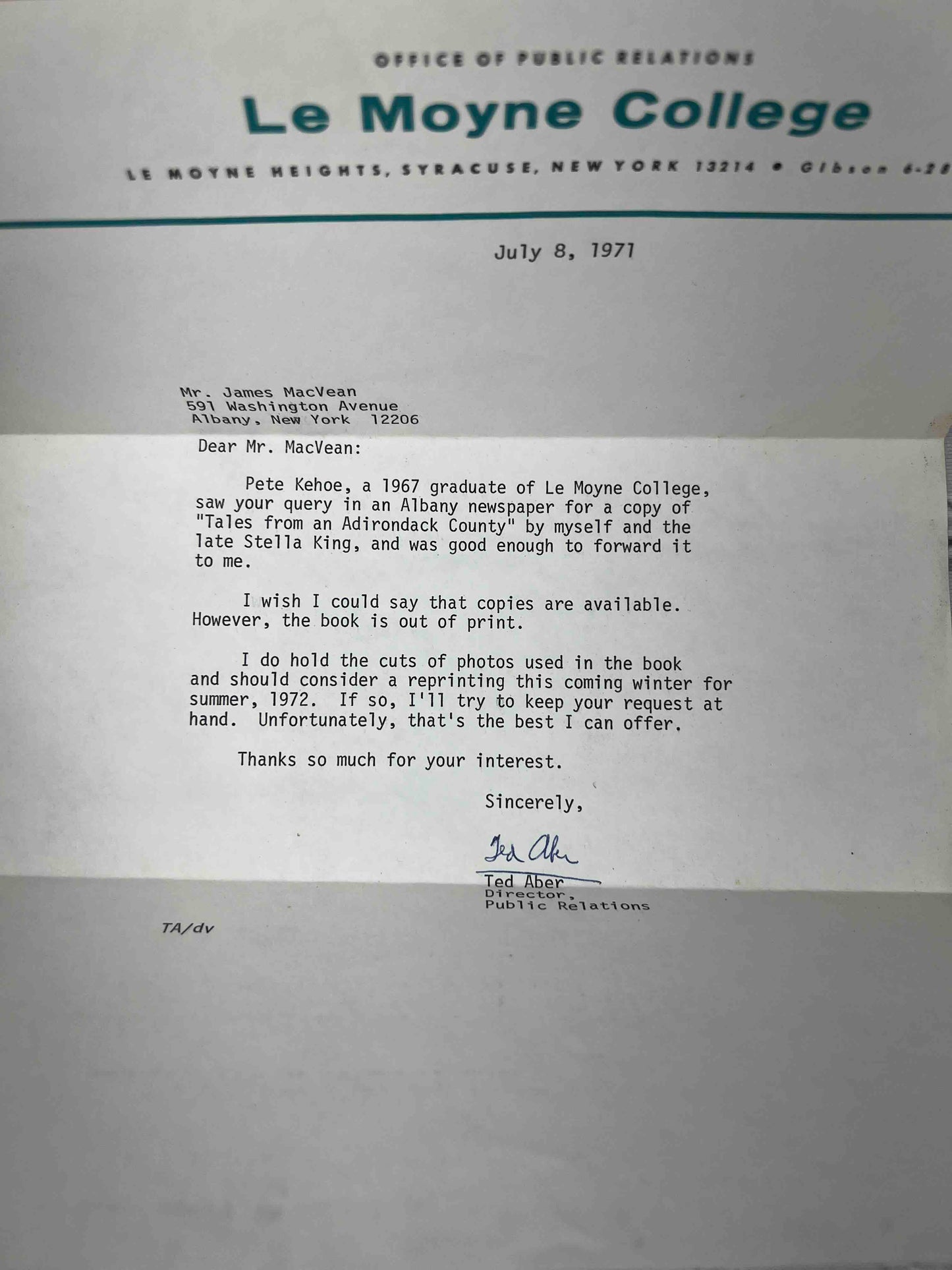 Tales from an Adirondack County w/ SIGNED LETTER