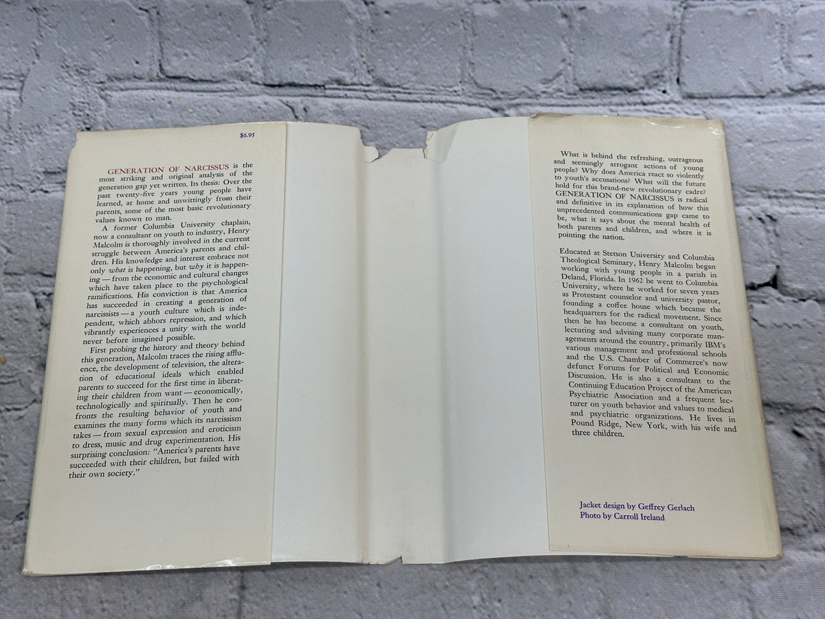 Generation of Narcissus by Henry Malcolm, 1971 Little Brown first edition hardcover - inside of dust jacket and flaps