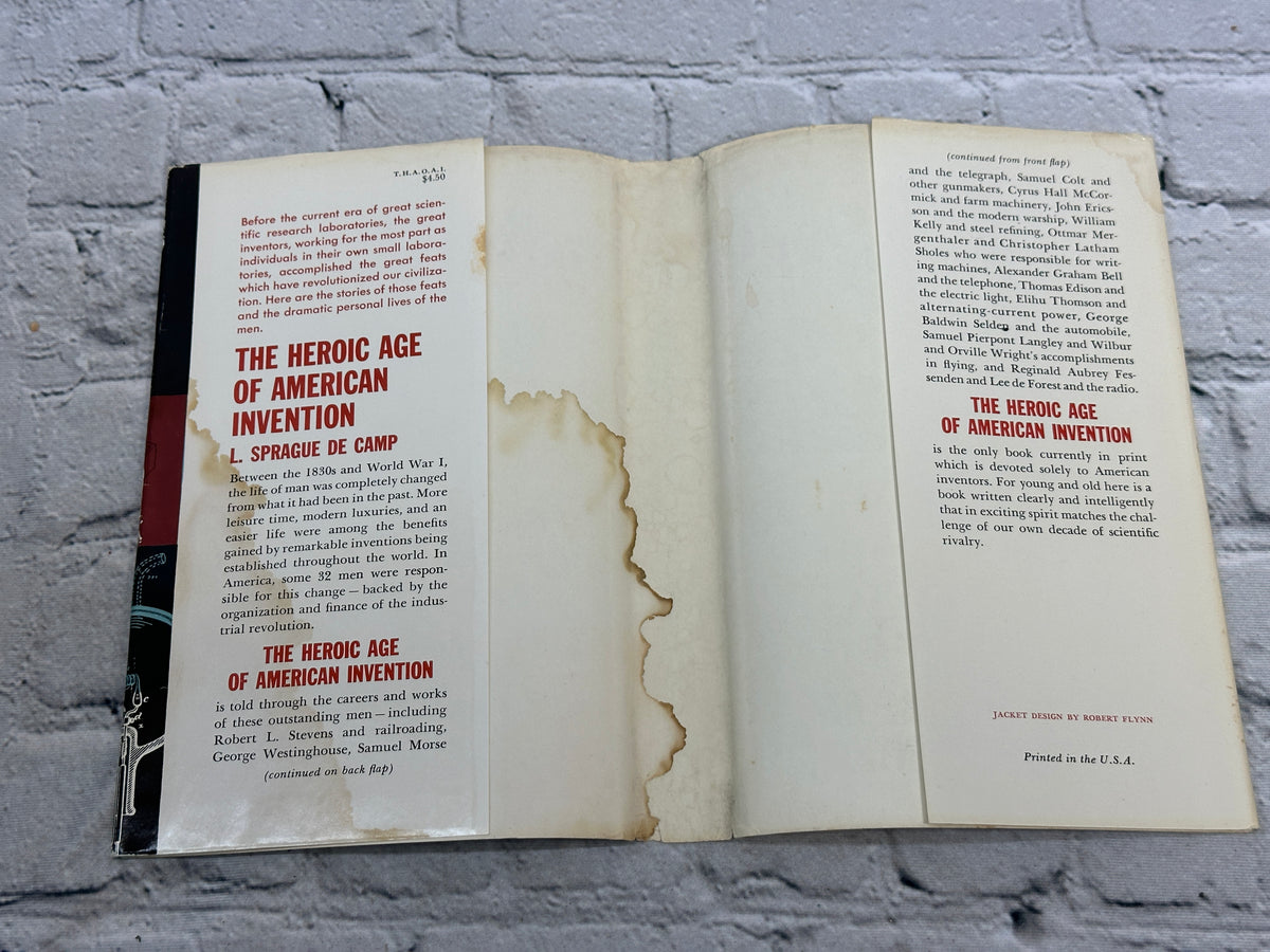 The Heroic Age of American Invention by L. Sprague de Camp, 1961 Doubleday hardcover - inside of dust jacket with water staining