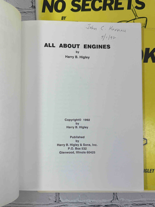 All About Engines by Harry B. Higley, 1992 Harry B. Higley & Sons Paperback - title page with owner name