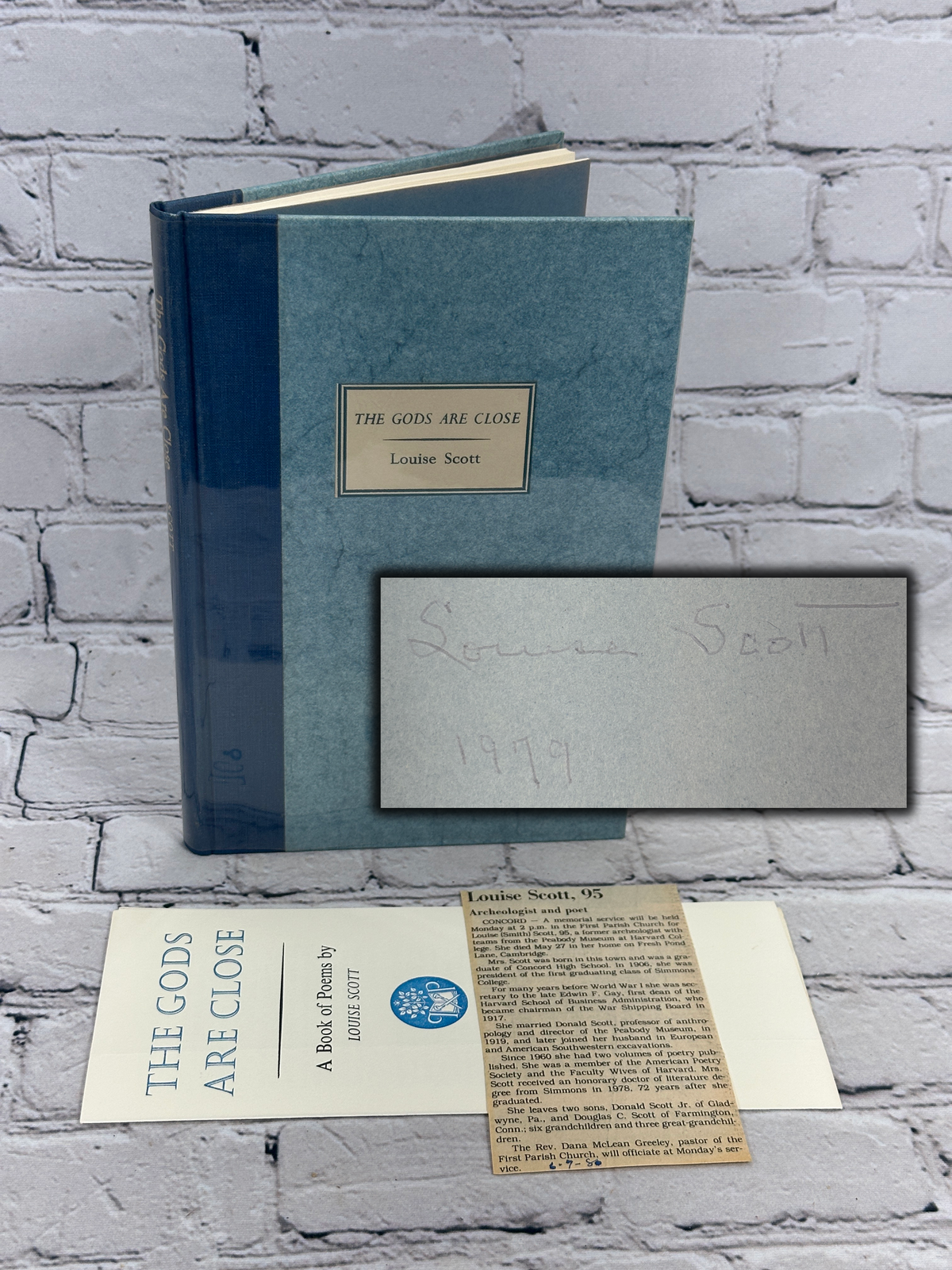 The Gods Are Close by Louise Scott, 1977 Penmaen Press - front cover with signature, pamphlet and obituary clipping