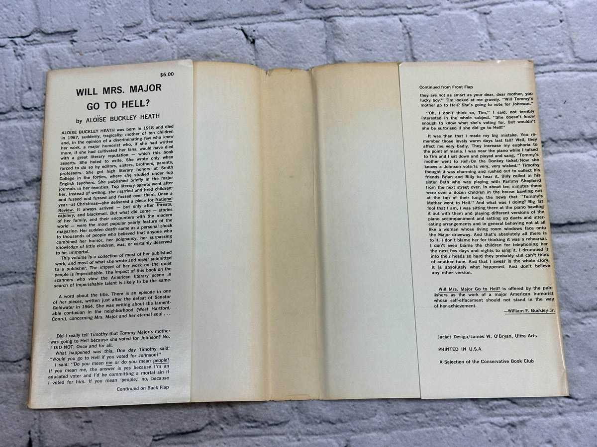 Will Mrs. Major Go to Hell? by Aloise Buckley Heath, 1969 Arlington House hardcover - dust jacket flaps