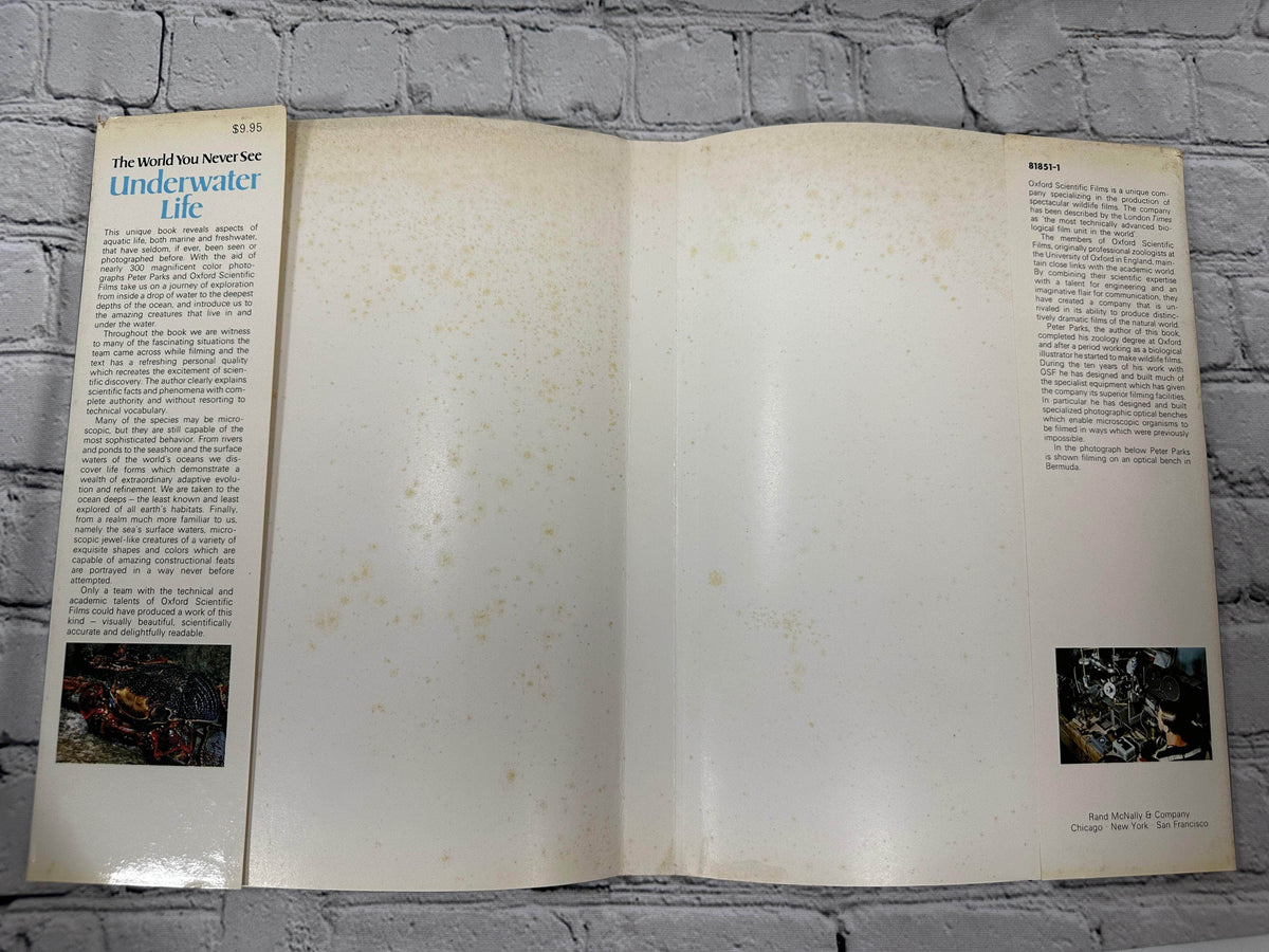 The World You Never See: Underwater Life by Peter Parks, 1976 Rand McNally hardcover - rear endpaper with foxing and jacket flap