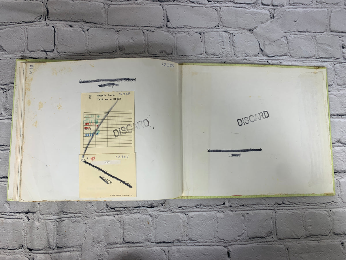 Tell Me a Mitzi by Lore Segal, 1970 Farrar, Straus and Giroux hardcover - rear endpapers with library card pocket