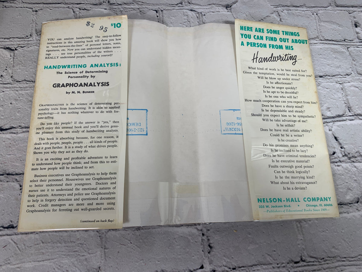 Handwriting Analysis by M. N. Bunker, 1968 Nelson-Hall hardcover - inside of dust jacket with flaps