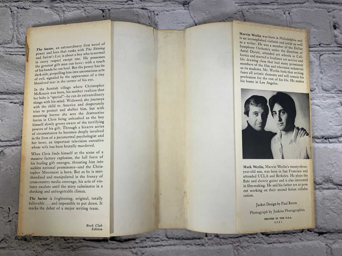 The Savior by Marvin and Mark Werlin, 1978 Simon and Schuster hardcover - dust jacket flaps with author photo
