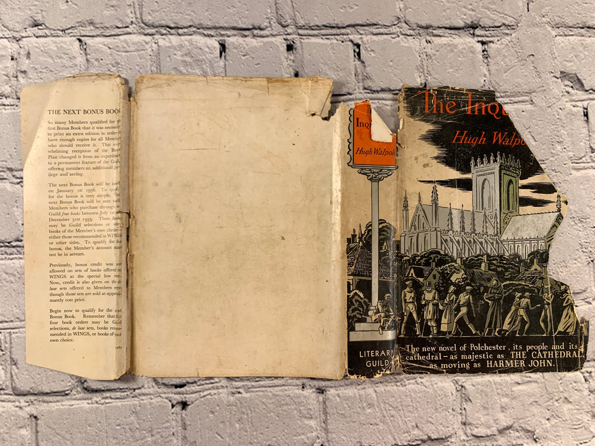 The Inquisitor by Hugh Walpole, 1935 Literary Guild hardcover - dust jacket laid flat showing back panel and flap