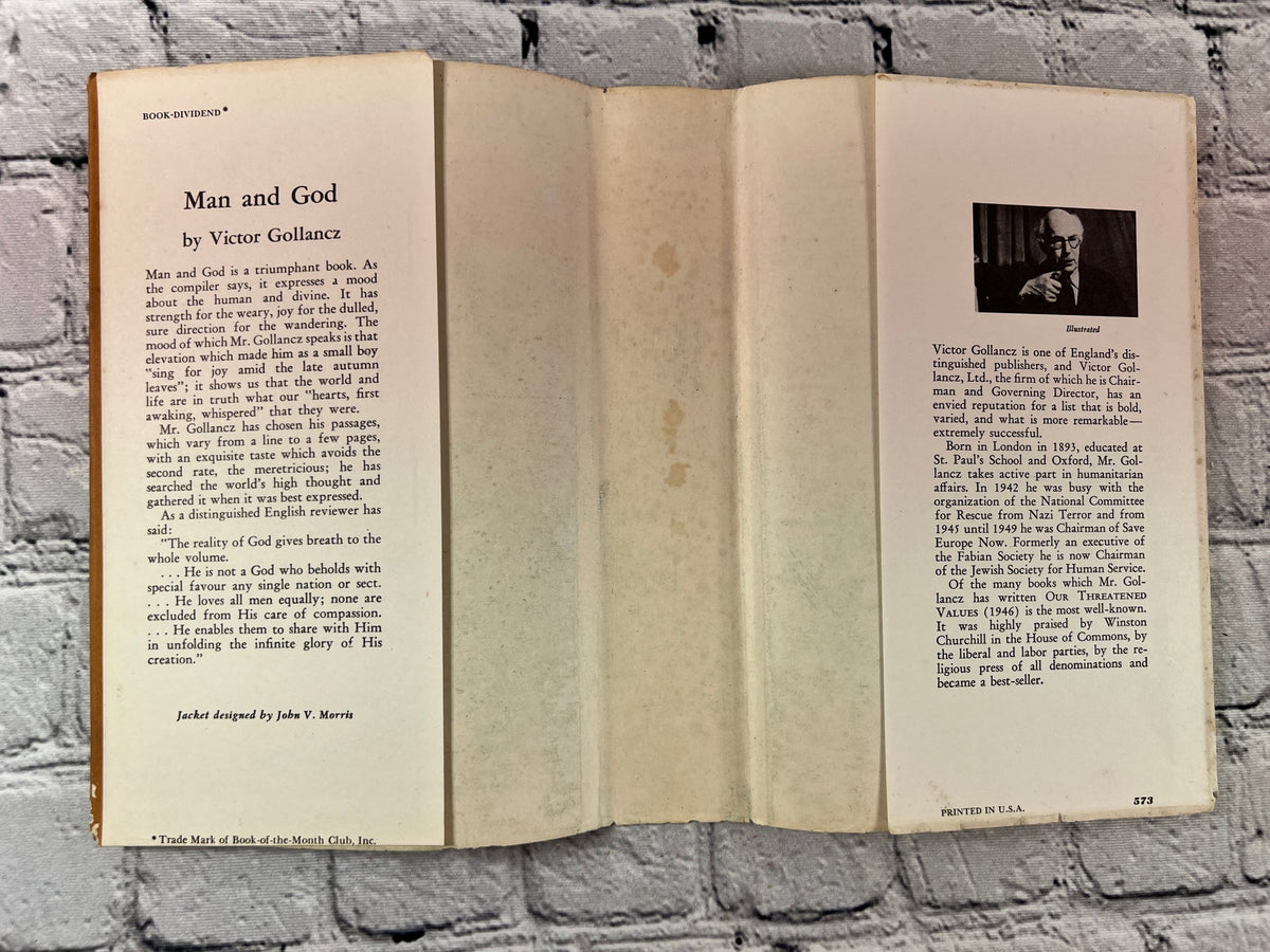 Man and God by Victor Gollancz, 1951 Houghton Mifflin hardcover - inside of dust jacket showing both flaps