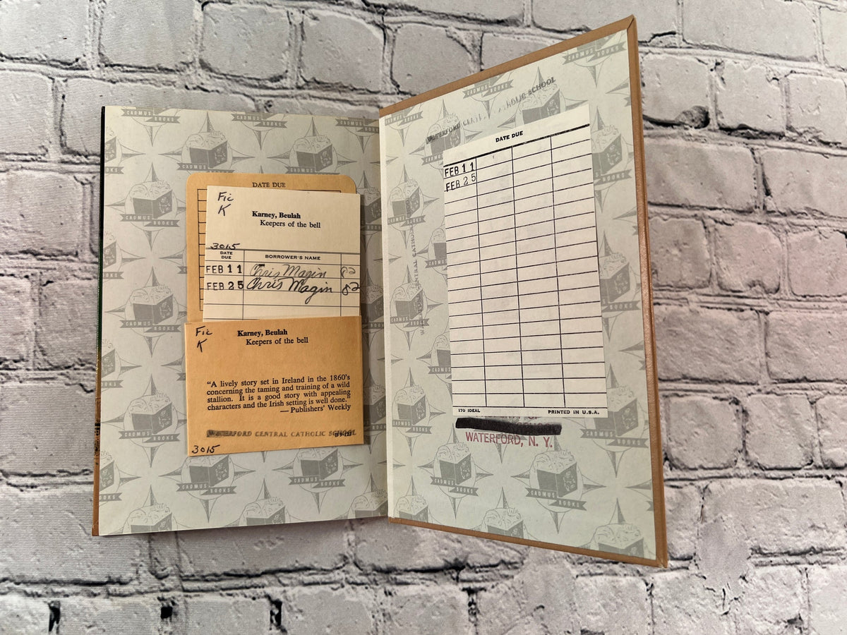 Keepers of the Bell by Beulah Karney, 1965 First Cadmus Edition hardcover, E. M. Hale - rear endpapers with card pocket, circulation card and date due slip