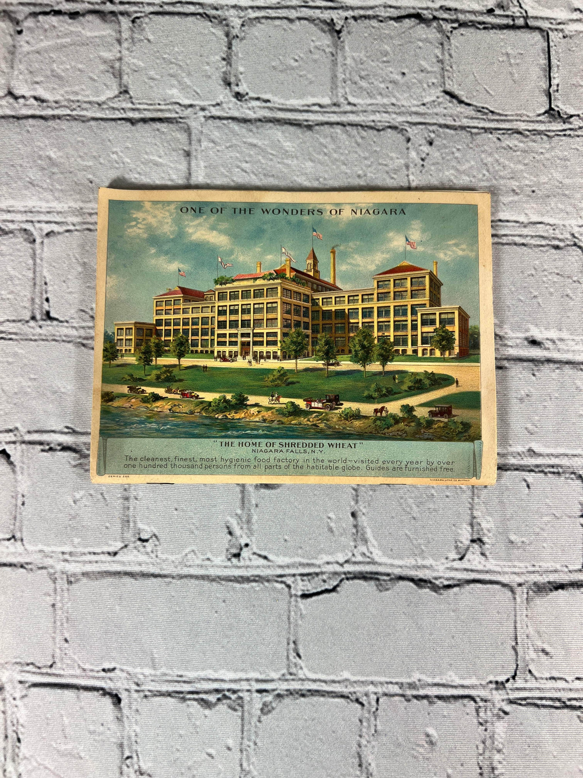 The Wonders of Niagara, Scenic and Industrial, Shredded Wheat Company booklet - rear cover showing the Shredded Wheat factory