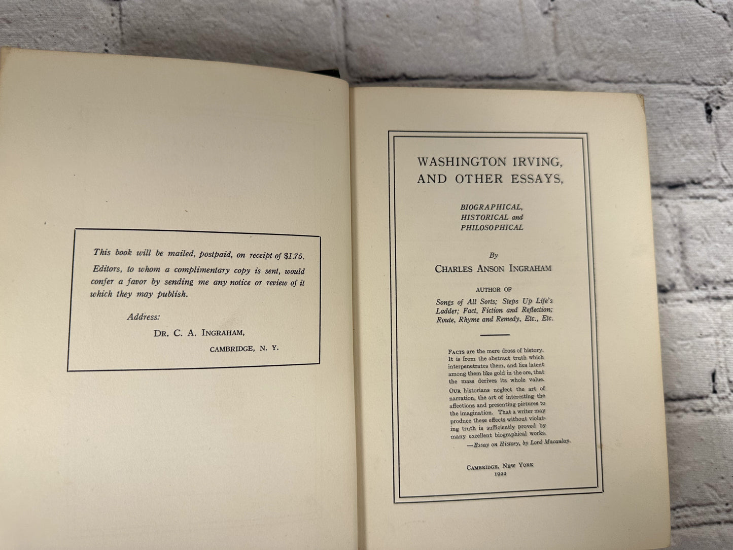 Washington Irving and Other Essays by Charles Anson Ingraham [1922 · 1st Ed.]