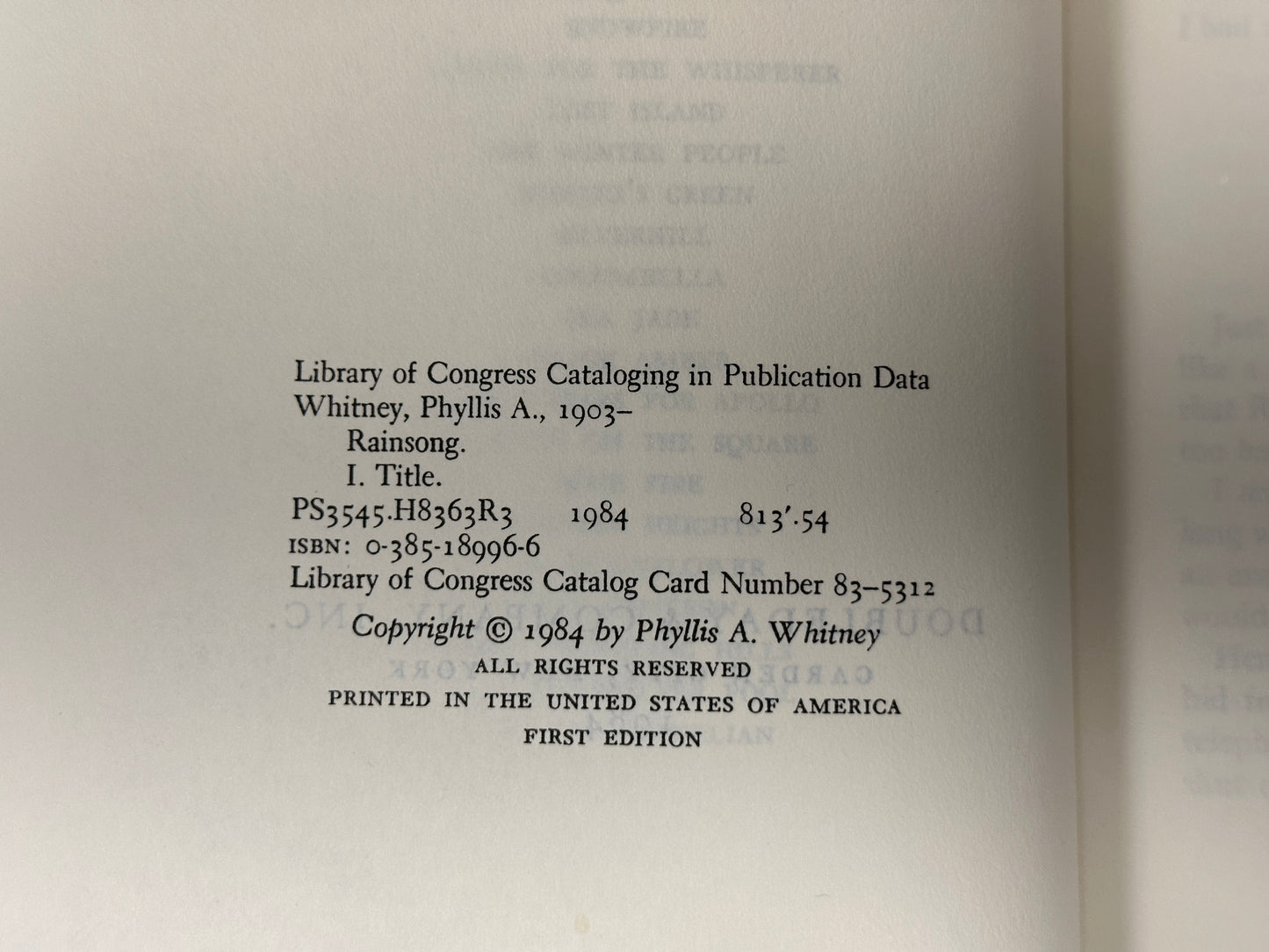 Rainsong By Phyllis Whitney [1984 · First Edition]