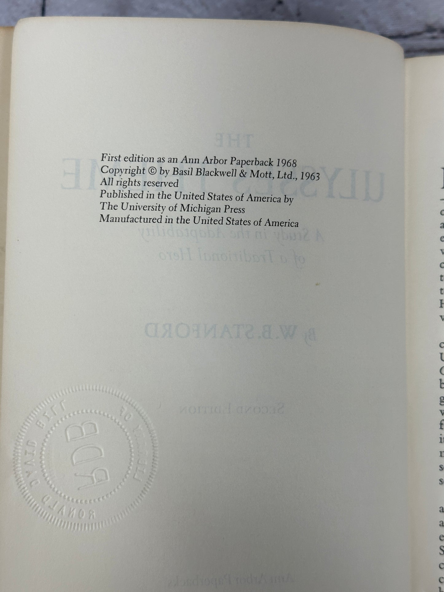 The Ulysses Theme: A study of a Traditional Hero  by W B Stanford [1978]