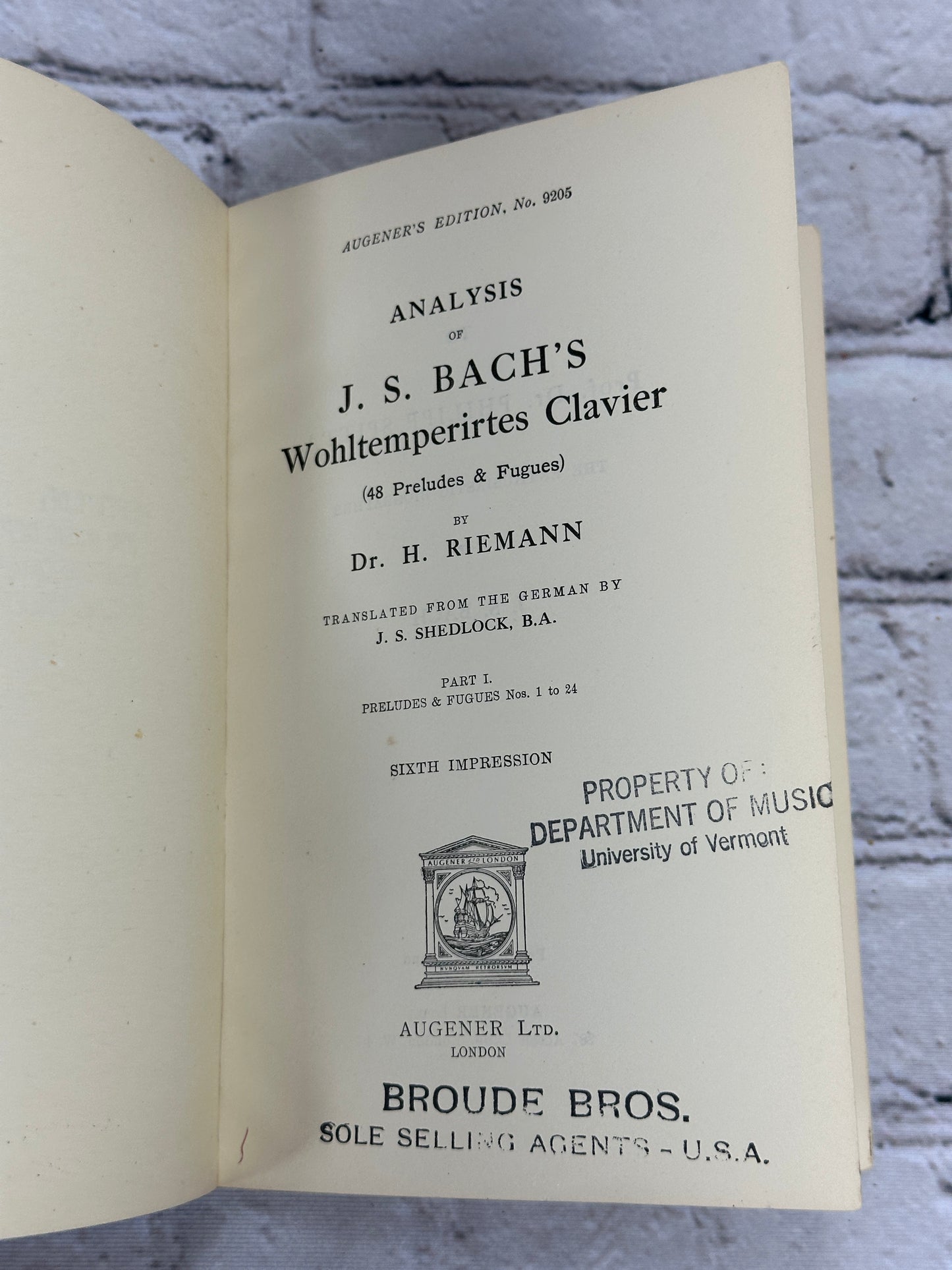 Analysis of J. S. Bach's Preludes Fugues Part I By Reimann [Augeners Ed No. 9205