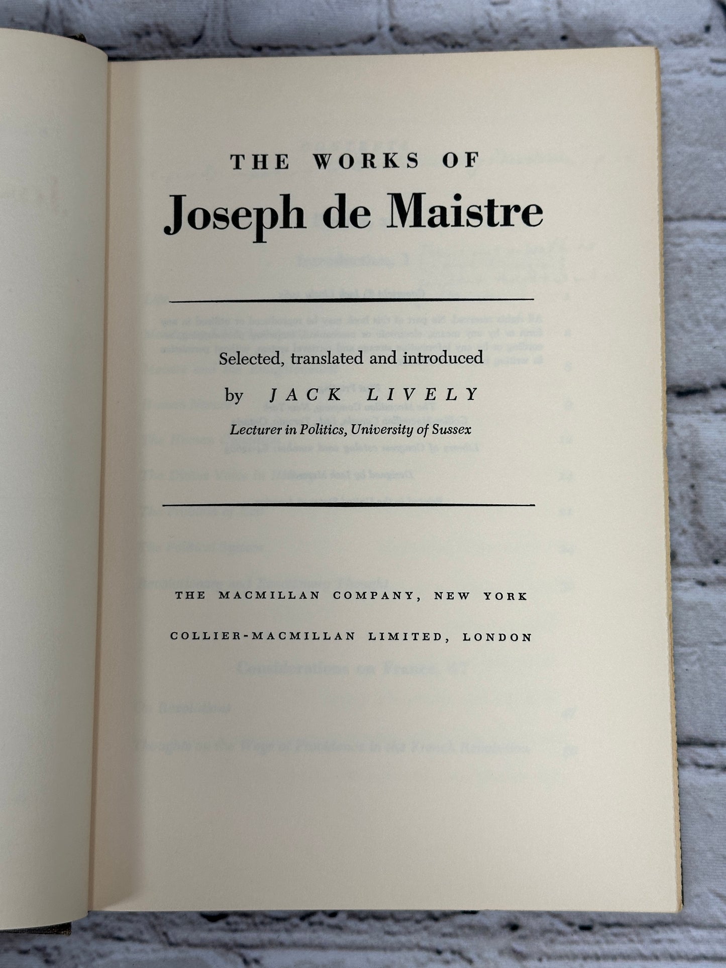 The Works of Joseph DeMaistre By Jack Lively [1st Edition · 1st Print · 1965]