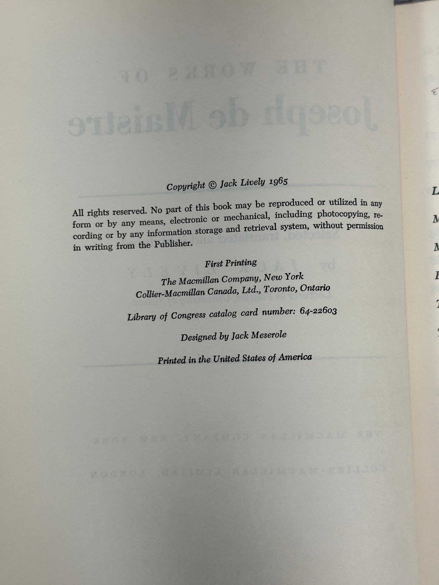 The Works of Joseph DeMaistre By Jack Lively [1st Edition · 1st Print · 1965]