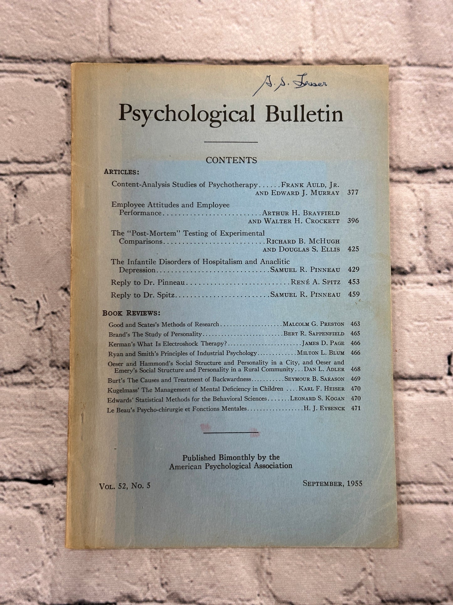 Psychological Bulletin V 52, No. 5  edited by Wayne Dennis [1955]