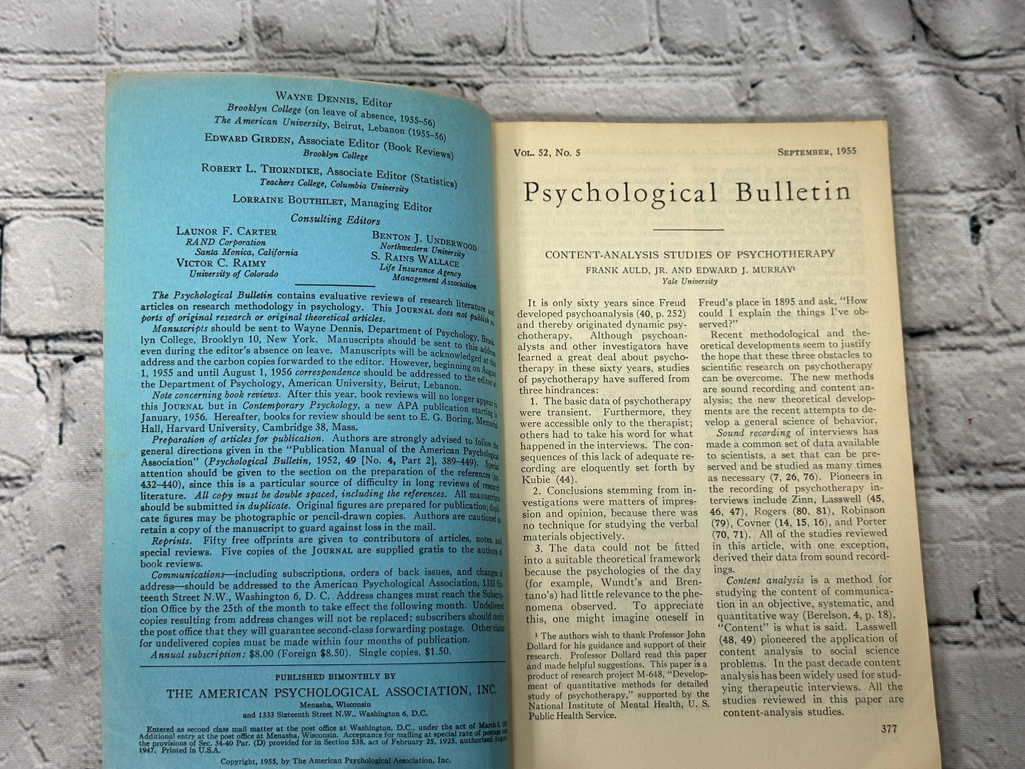 Psychological Bulletin V 52, No. 5  edited by Wayne Dennis [1955]