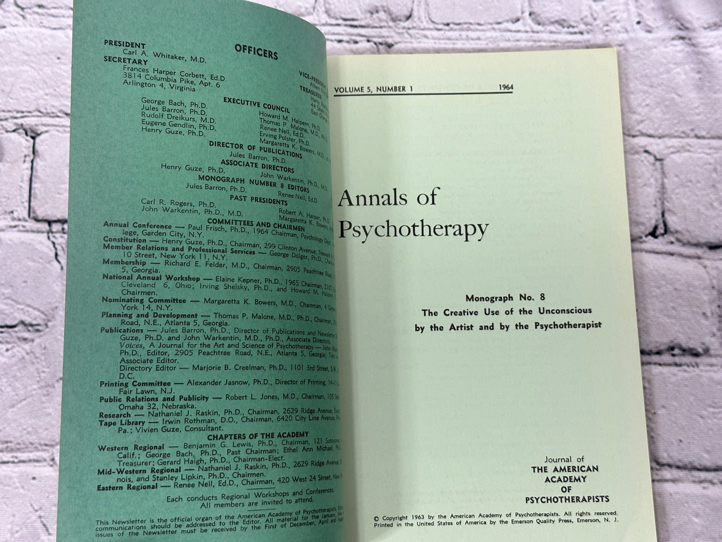 Annals of Psychotherapy Vol 5,No. 1: The Creative Use of the Unconscious..[1964]