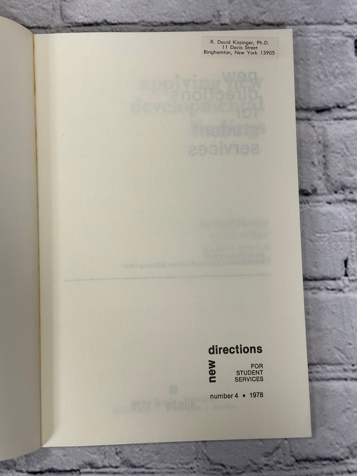 New Directions for Student Services No.4 Applying New Developmental Find..[1978]