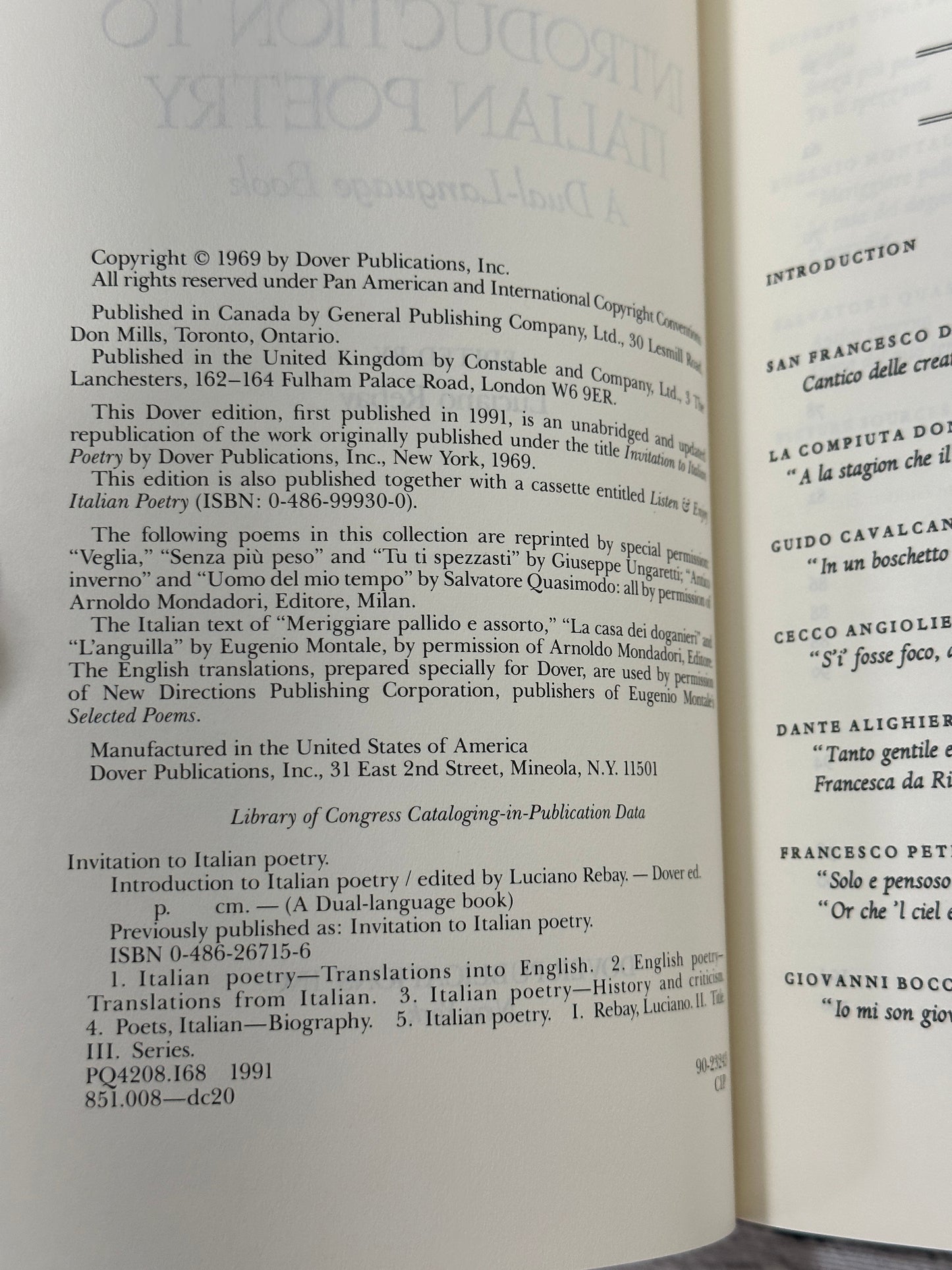 Introduction to Italian Poetry: A Dual-Language Book by Luciano Rebay  [1969]