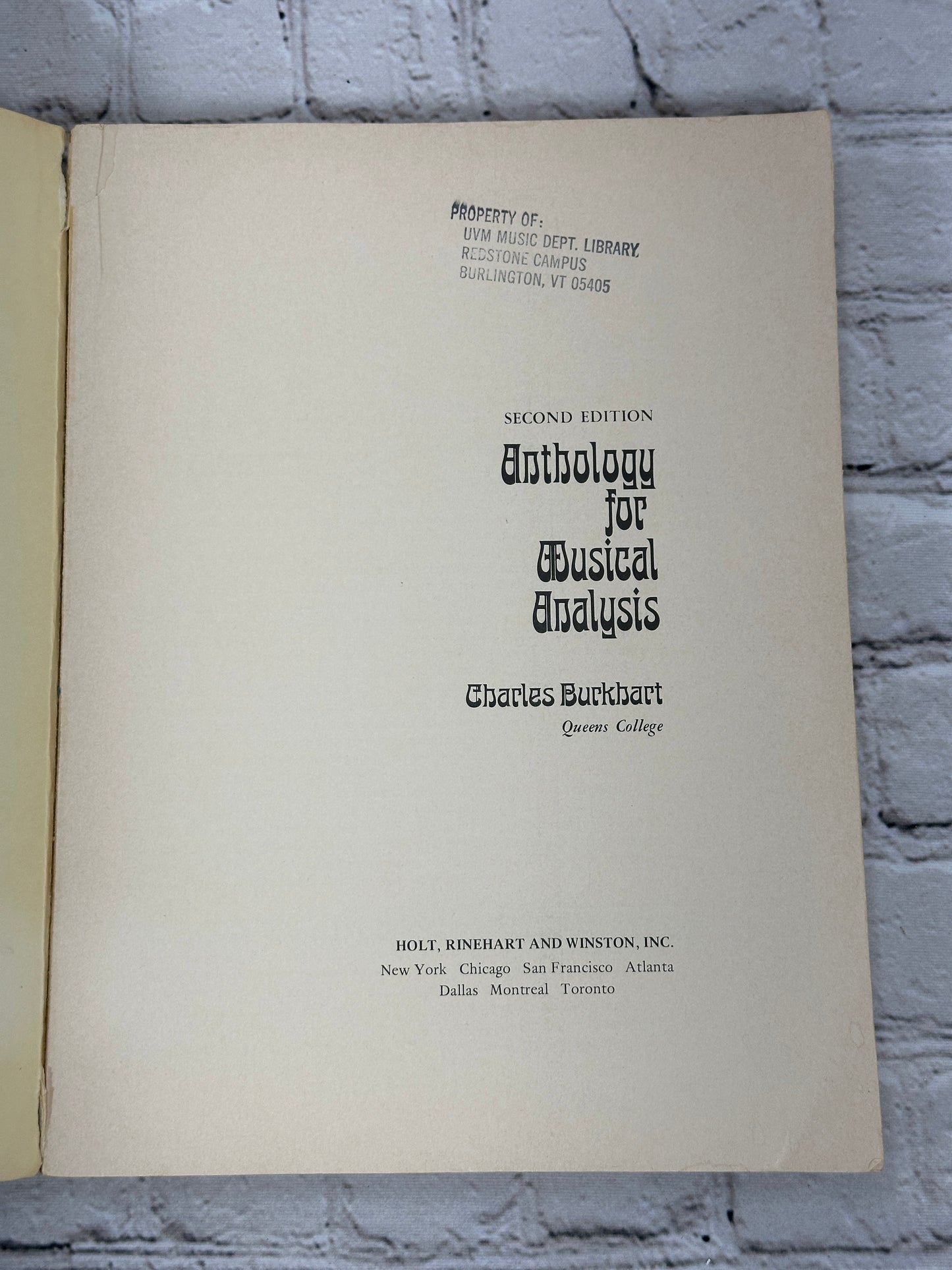 Anthology for Musical Analysis by Charles Burkhart [Second Edition · 1972]