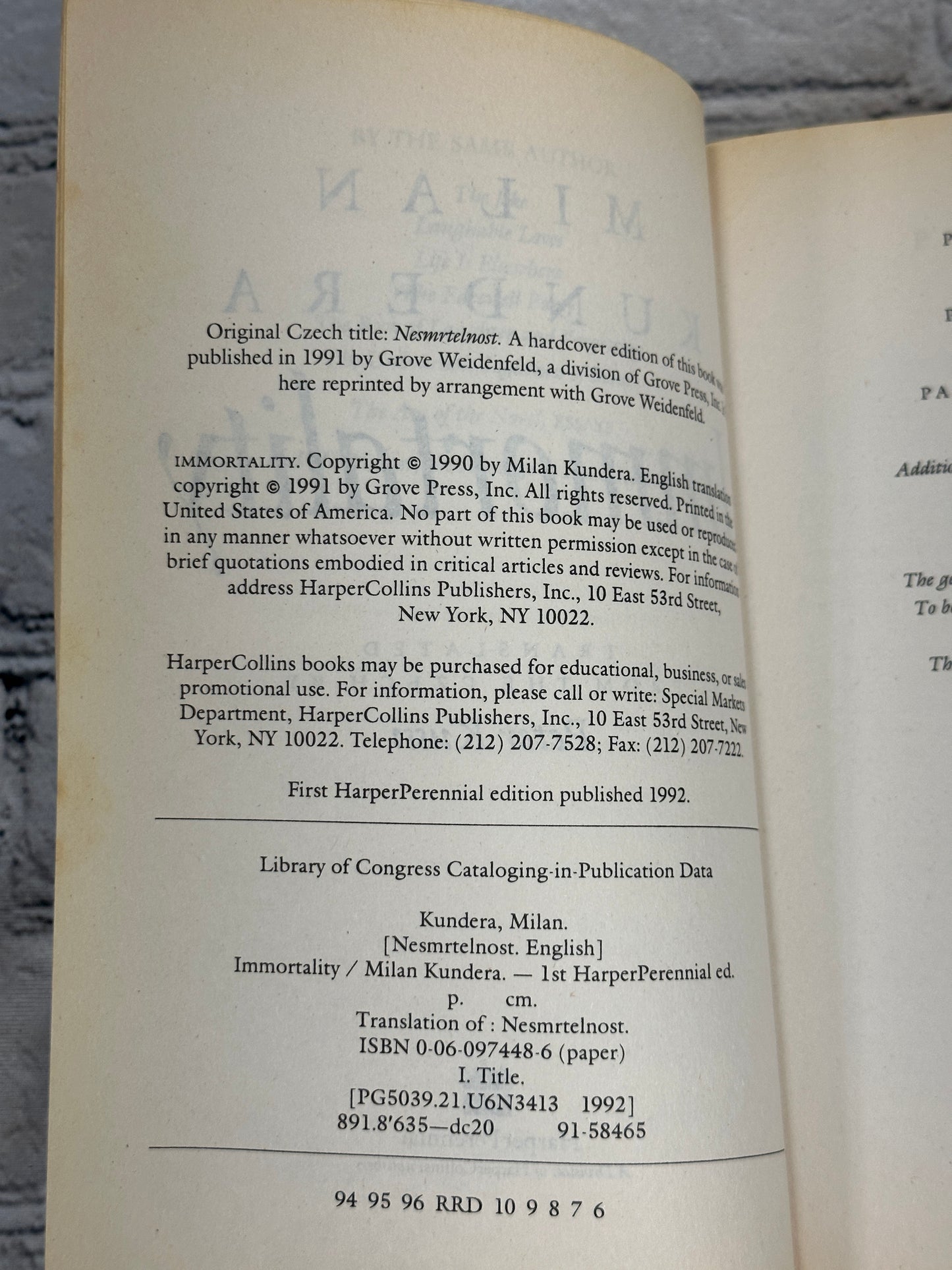 Immortality by Milan Kundera [1992 · First HarperPerennial Edition]