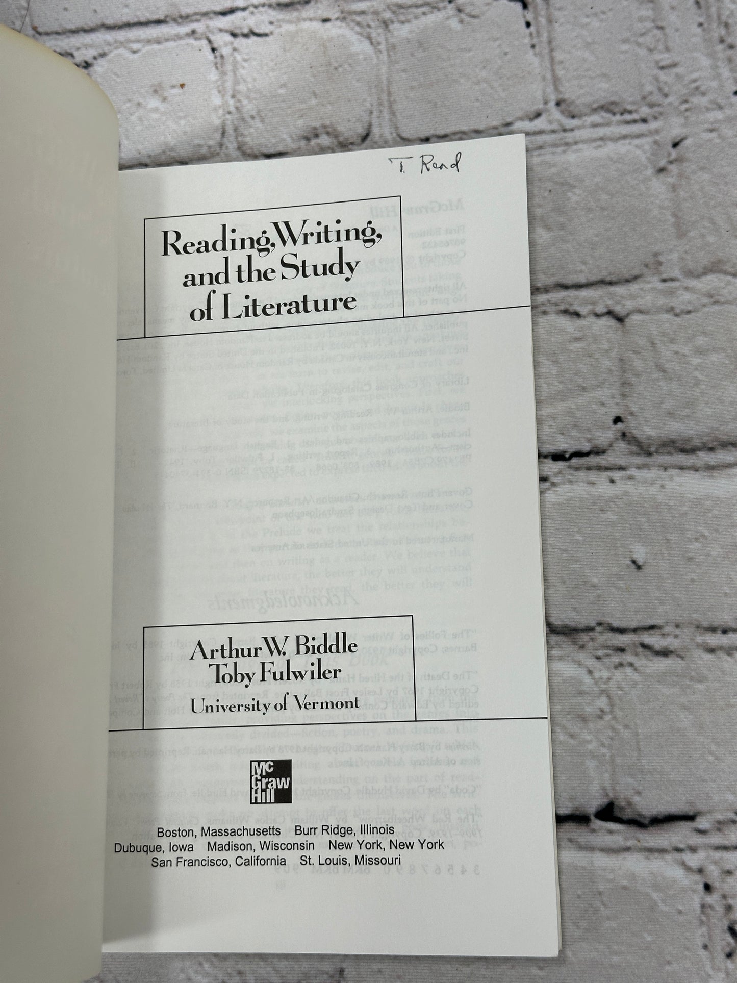 Reading, Writing, And The Study Of Literature by Biddle & Fulwiler [1989]