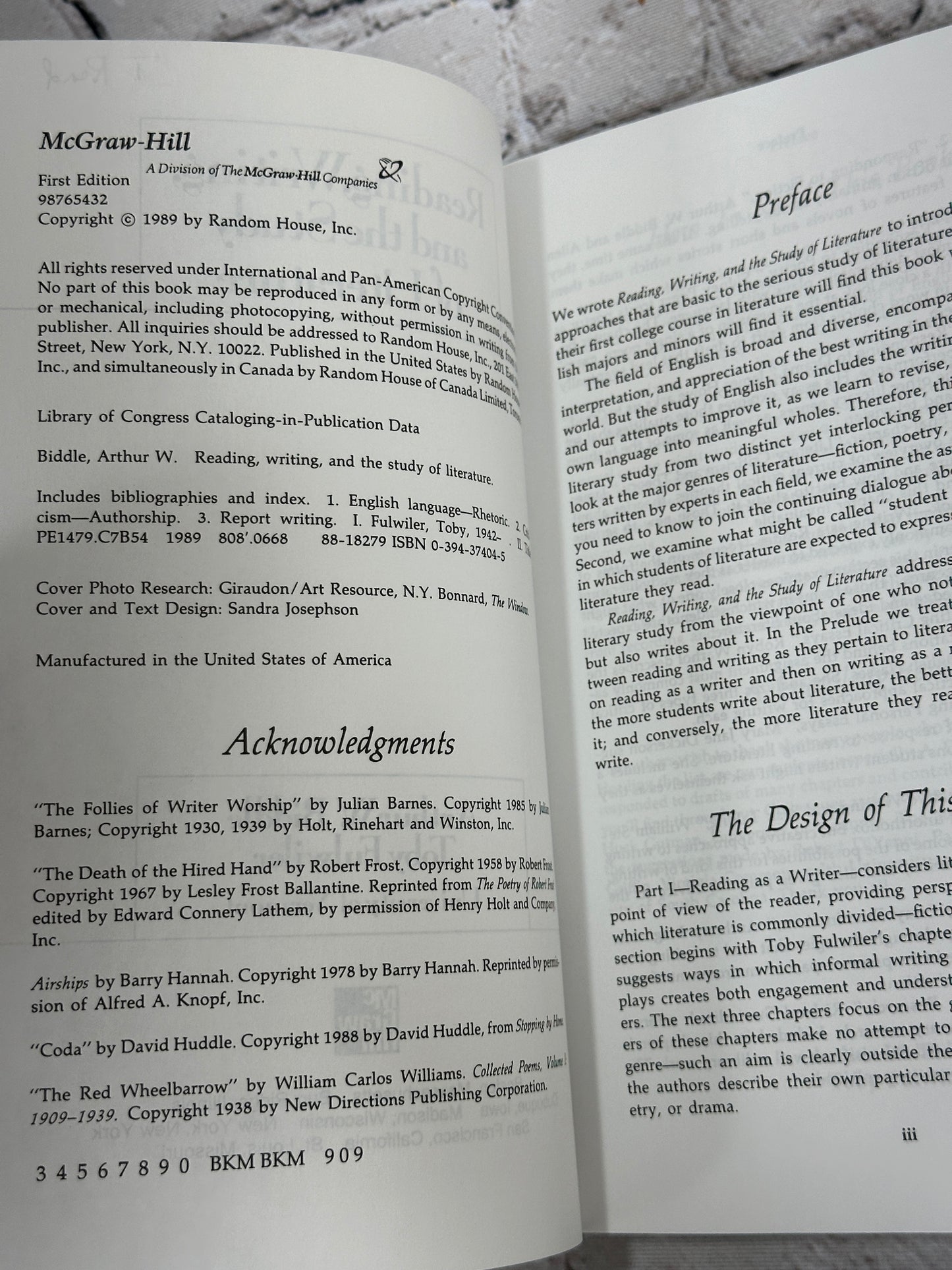 Reading, Writing, And The Study Of Literature by Biddle & Fulwiler [1989]