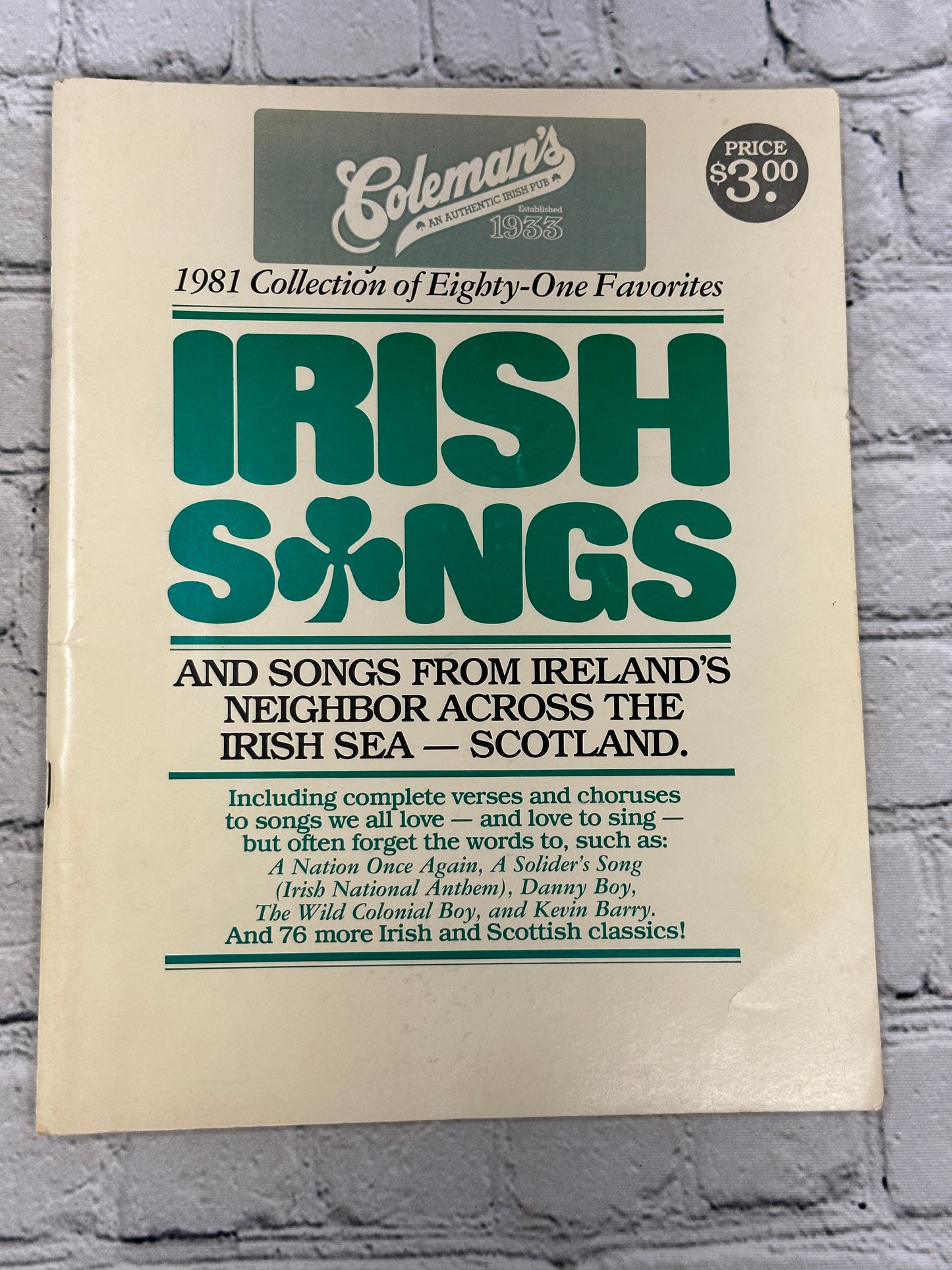 Irish Songs 1981 Collection of Eighty-One Favorites by Coleman's Irish Pub