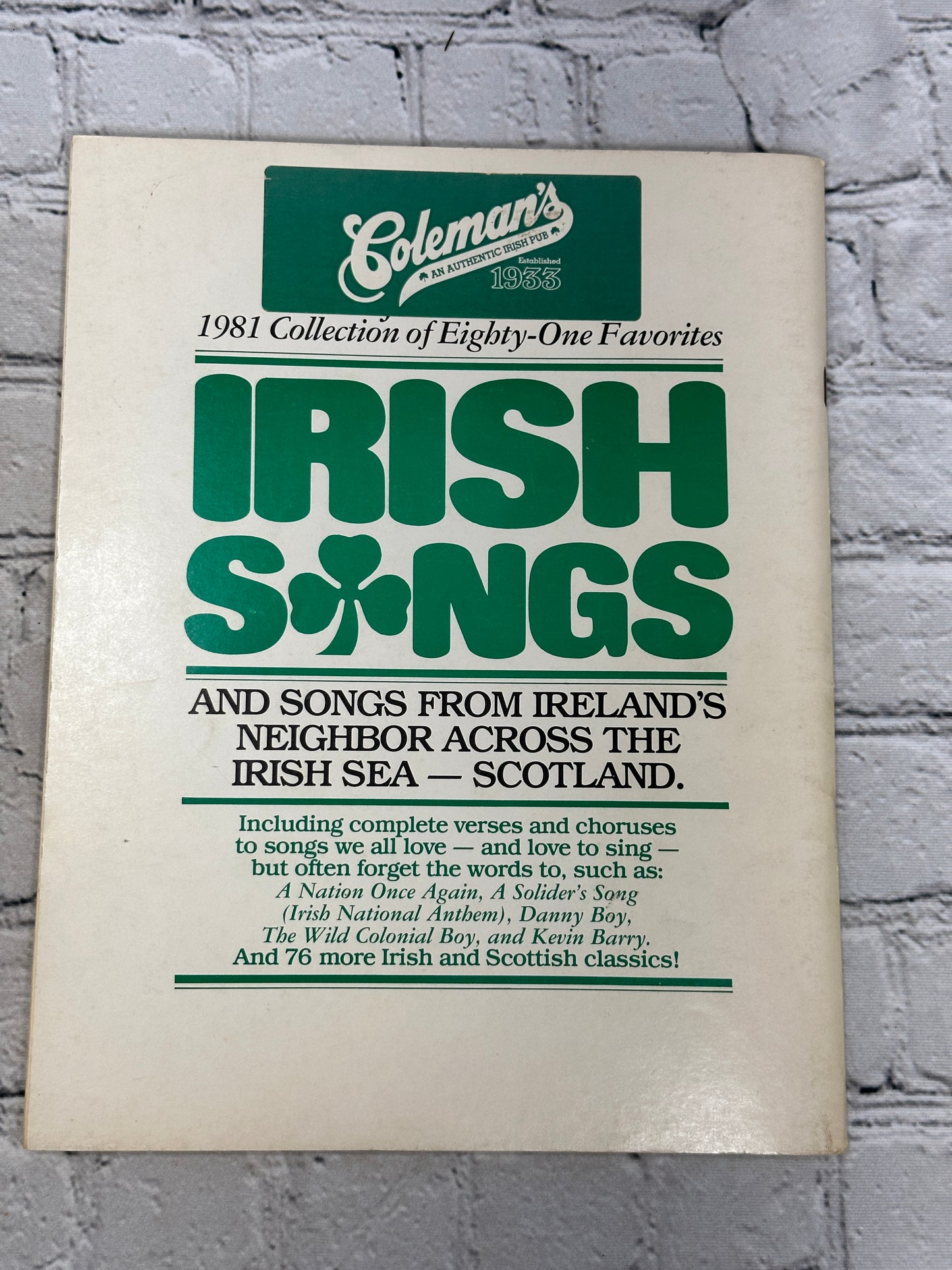 Irish Songs 1981 Collection of Eighty-One Favorites by Coleman's Irish Pub