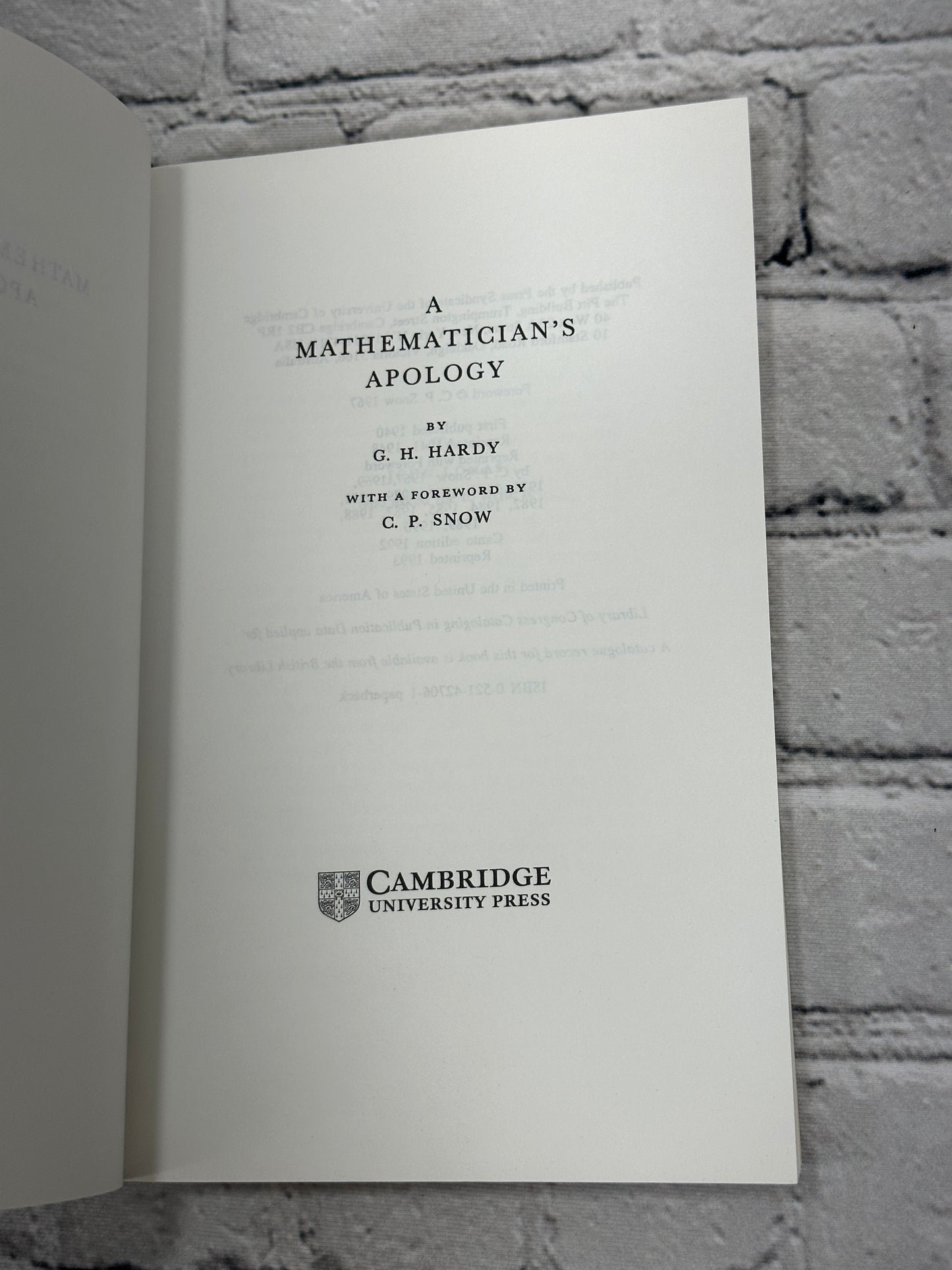 A Mathematician's Apology by G. H. Hardy [1993 · Canto Edition]