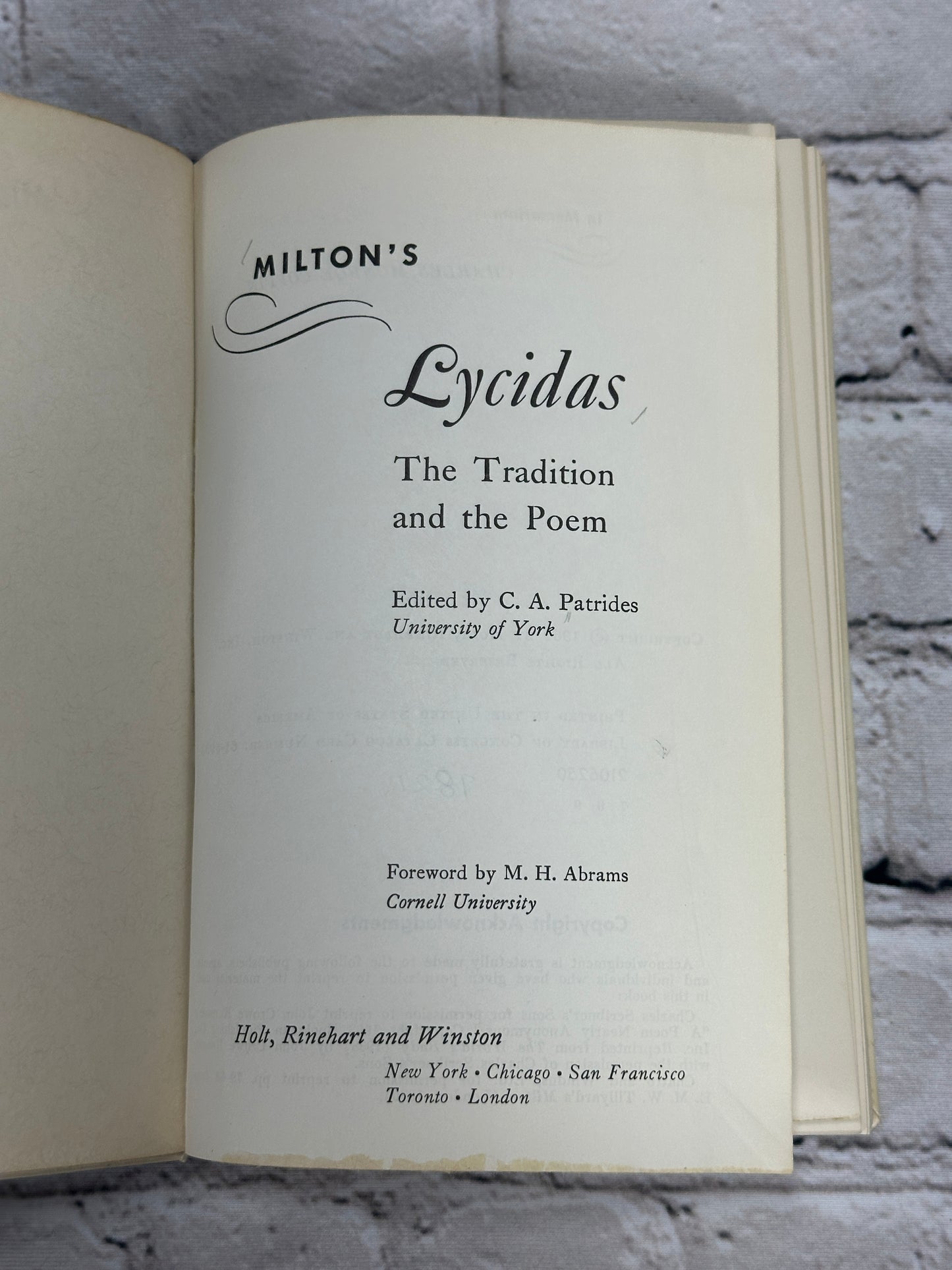 Milton's Lycidas The Tradition and the Poem By C.A. Patrides [1961]