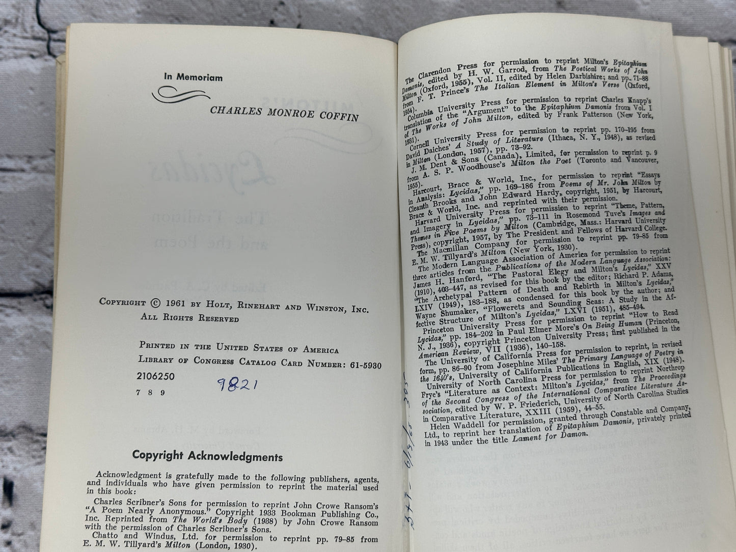 Milton's Lycidas The Tradition and the Poem By C.A. Patrides [1961]