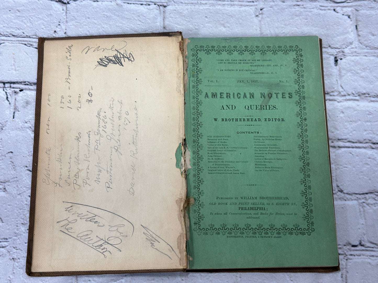 American Notes and Queries By W. Brotherhead Vol I. Jan. 1, 1857 No. 1